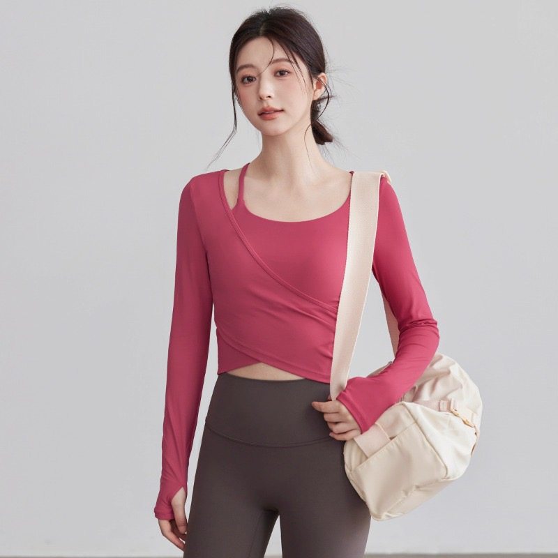 新款假两件普拉提T恤方领细肩带长袖健身服女修身显瘦瑜伽服上衣,淘宝优惠券,粉丝福利购,淘宝优惠卷