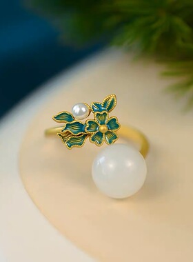 新中式和田青玉碧玉925银古法金珐琅精致古典古风百搭优雅戒指女