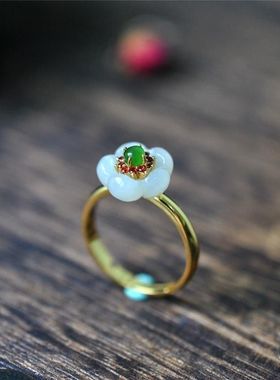 天然和田白玉花朵戒指纯银