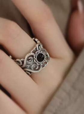 925纯银复古新中式镂空花雕纹理黑玛瑙戒指轻奢小众设计开口指环
