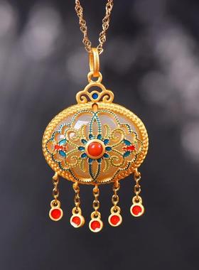 和田玉s925银鎏复古流苏吊坠