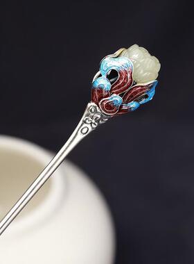 复古中国925银景泰蓝发簪白玉