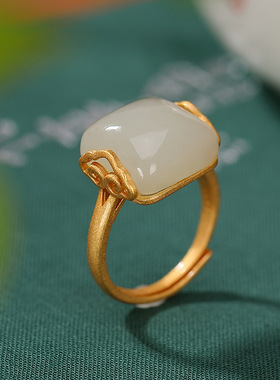 S925纯银仿和田玉小方糖戒指女