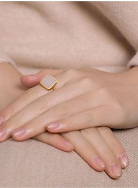 和田白玉石正方形戒指女款天然