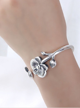 s925纯银荷花荷叶复古民族风手镯