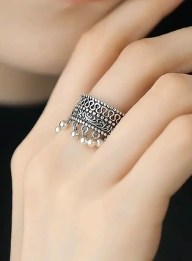 925纯银蕾丝花边戒指新中式双层