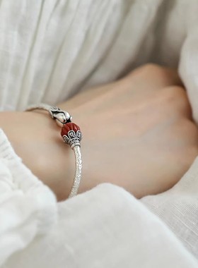 复古新中式民族风925银南红好事莲莲手镯女款高级感大气手环手饰
