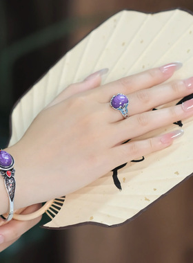 S925纯银复古紫气东来蝴蝶戒指女民族风招财小众高级感蛋面指环