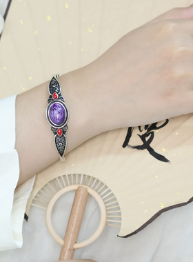 复古S925纯银紫龙晶蝴蝶手镯新中式国风椭圆祥云纹轻奢开口手环女