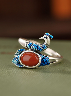 孔雀戒指女开口南红原创凤凰仿925纯银指环民族风个性潮人食指戒