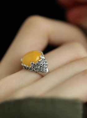 新中式蜜蜡祥云S925银戒指女轻奢高级感复古国风开口可调节食指环