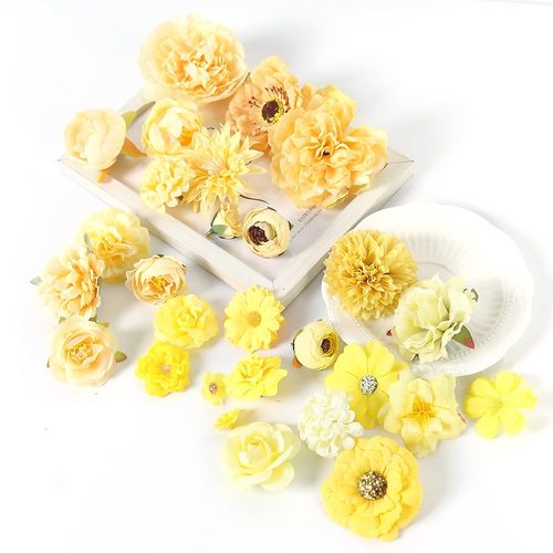 黄色系仿真花头 玫瑰牡丹假花diy手工材料古风簪花头饰装饰花绢花 - 图2