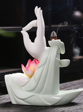厂家直销青瓷佛手莲花香插创意倒流香炉家居摆件熏香跨境热销