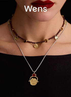 Wens雕刻纹理吊坠串珠项链女