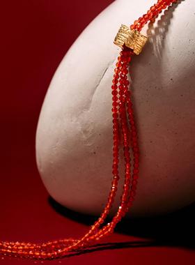 Wens三层红玛瑙串珠项链女