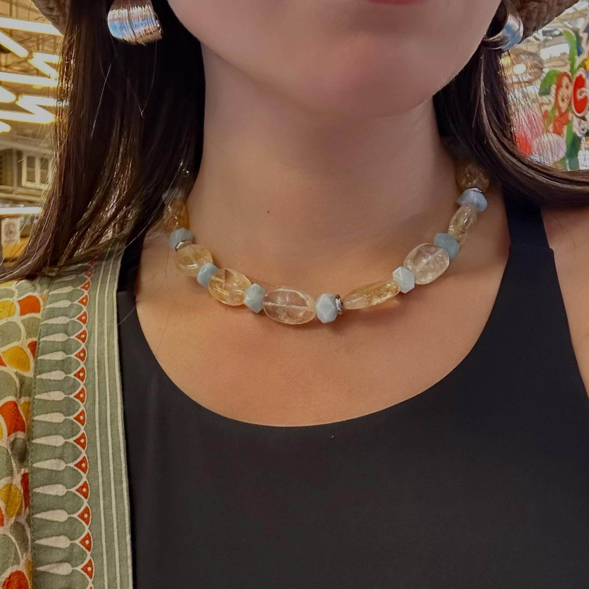 Wens黄水晶拼海蓝宝串珠绳结扣项链新款轻奢高级感原创设计女,淘宝优惠券,粉丝福利购,淘宝优惠卷