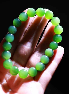 天然新疆和田玉玉器供应链俄料碧玉老料玉石冰底微猫眼手串带证书