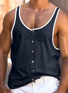 2025夏季新款欧美男士大码沙滩背心休闲拼色运动T恤潮Men's v