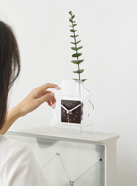 WOZOOM屋准奶油风简约花瓶摆件入户玄关座钟客厅轻奢创意时钟