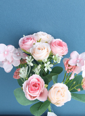 仿真玫瑰花束蔷薇绣球吉祥蕾 家居客厅假花植物装饰摆件 婚庆