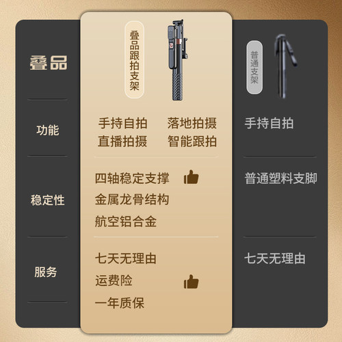 叠品A6000S新款AI智能跟拍云台自拍杆落地三脚架360度旋手机支架旅游便携通用手持防抖自动人脸追踪直播拍摄 - 图3