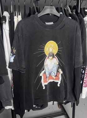 孤品手工！死亡笔记角色L 水洗做旧真两件破洞90s破坏动漫长袖T恤