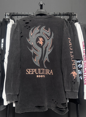 孤品手工！Sepultura神碑合唱团美式真两件破洞破坏Rap穿搭长T男