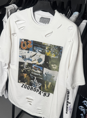 孤品手工！u2 zooropa 93 band tour创意重磅破坏破洞长袖T恤男