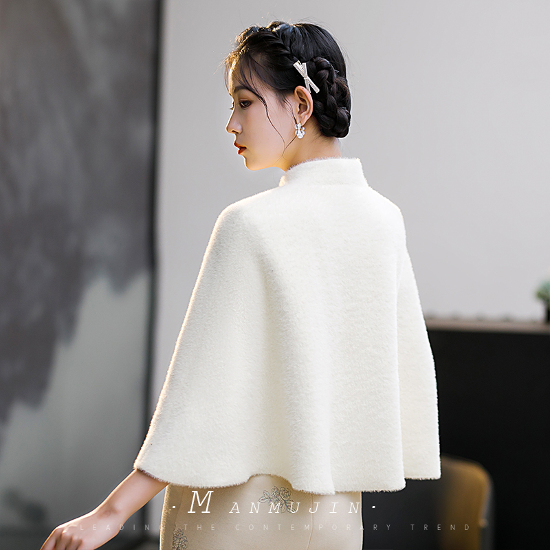 秋冬款旗袍披肩新娘敬酒服外套女迎宾礼服外搭保暖白色斗篷短披风 - 图3