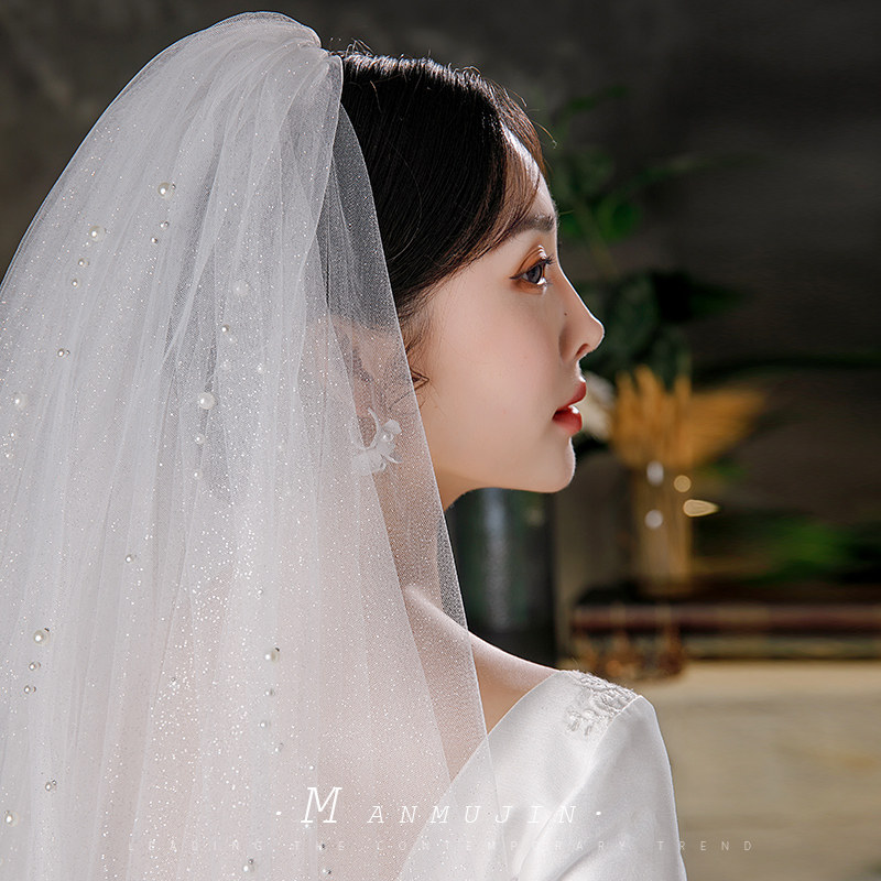 新娘头纱细闪亮粉蓬蓬纱结婚礼造型 曼慕锦头纱