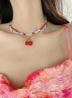 昭和少女小众ins原创双层邻家女孩红樱桃夏锁骨链少女心红色项链