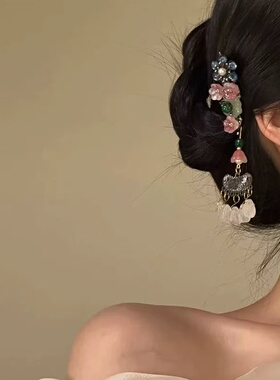 新中式汉服花朵长流苏刘海夹