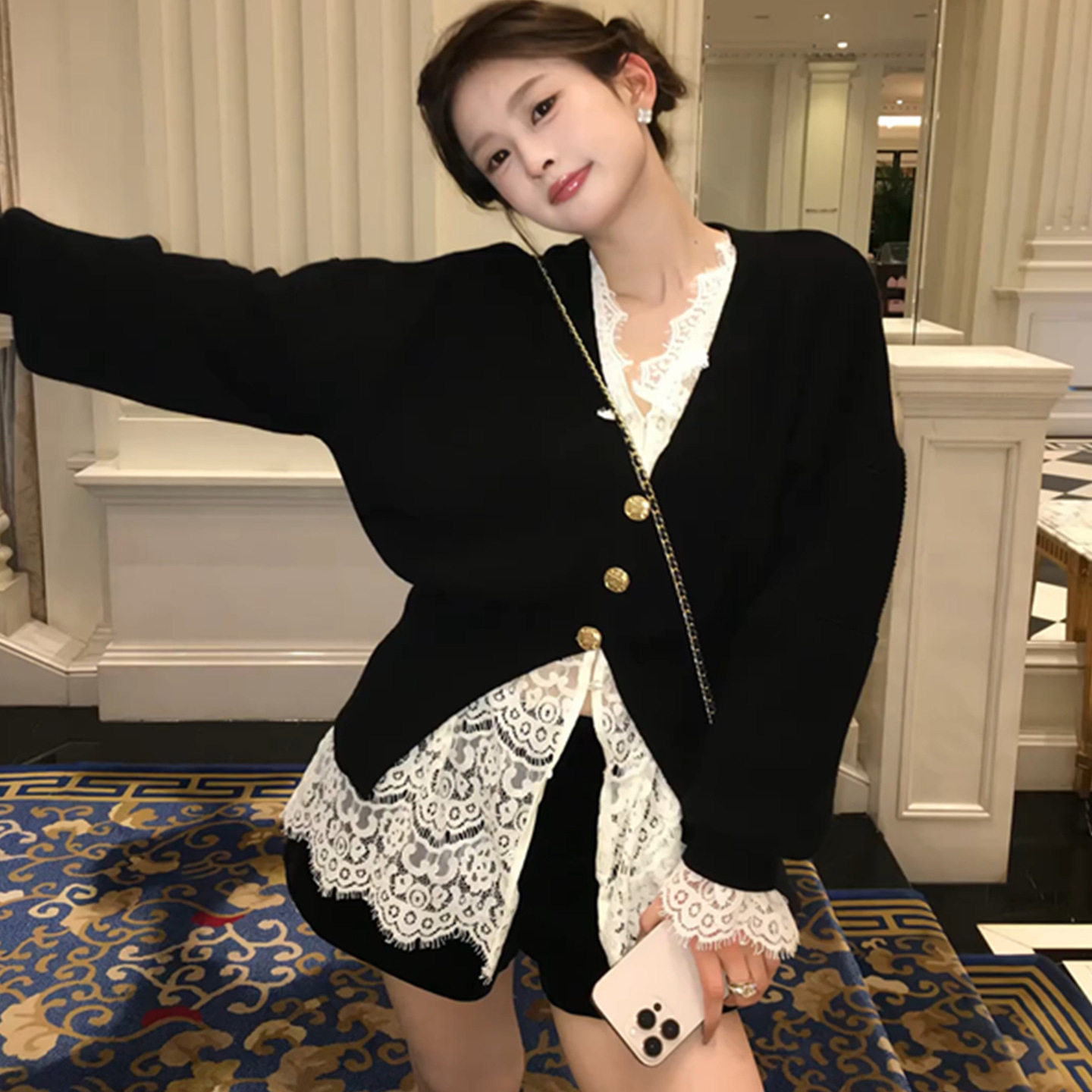 纯欲套装女秋季独特漂亮软糯黑色V领针织开衫叠穿蕾丝衬衫两件套,淘宝优惠券,粉丝福利购,淘宝优惠卷