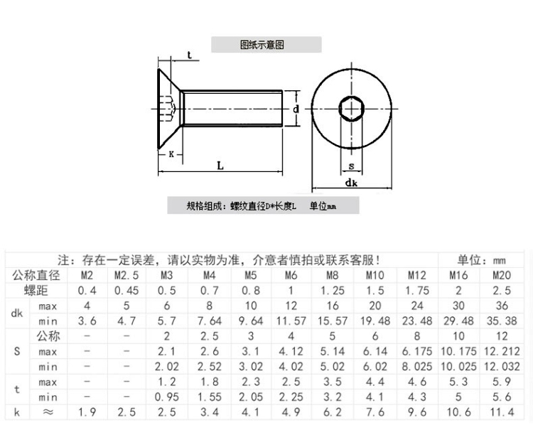 DIN7991不锈钢304平杯沉头内六角锥螺丝螺杆M2M2.5M3M4M5M6M8-M16 - 图2