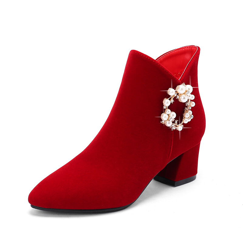 2023冬季婚鞋新娘鞋女年新款冬天高跟鞋红色靴子粗跟秀禾婚纱两穿