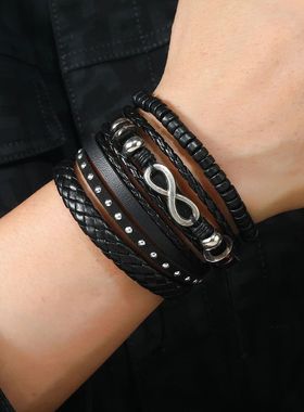 4Pcs/ Set Braided Wrap Leather Bracelets for Men Vintage Lif