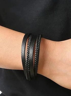 rendy Leather Bracelets Men Stainless Steel Multilayer Braid