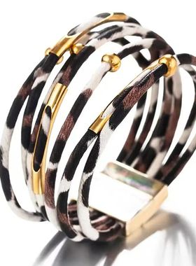 Vintage Metal Tube Leopard Leather Bracelet For Women Men Bo