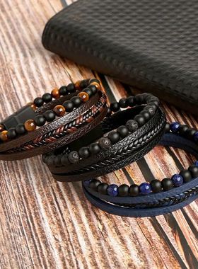 Men Leather Bracelet Classic Fashion Tiger Eye Beaded Multi
