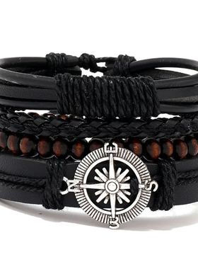 4Pcs/ Set Braided Wrap Leather Bracelets for Men Vintage Lif