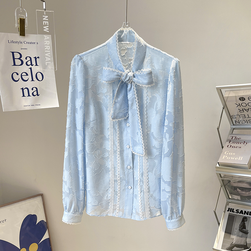 蝴蝶结系带蕾丝衬衫女2022打底衫 娇婵妮衬衫