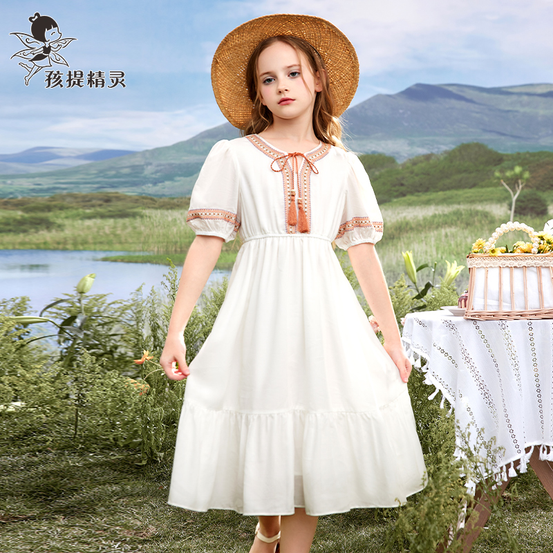 女童白色波西米亚连衣裙2024夏装新款洋气大童度假裙子儿童公主裙-图1