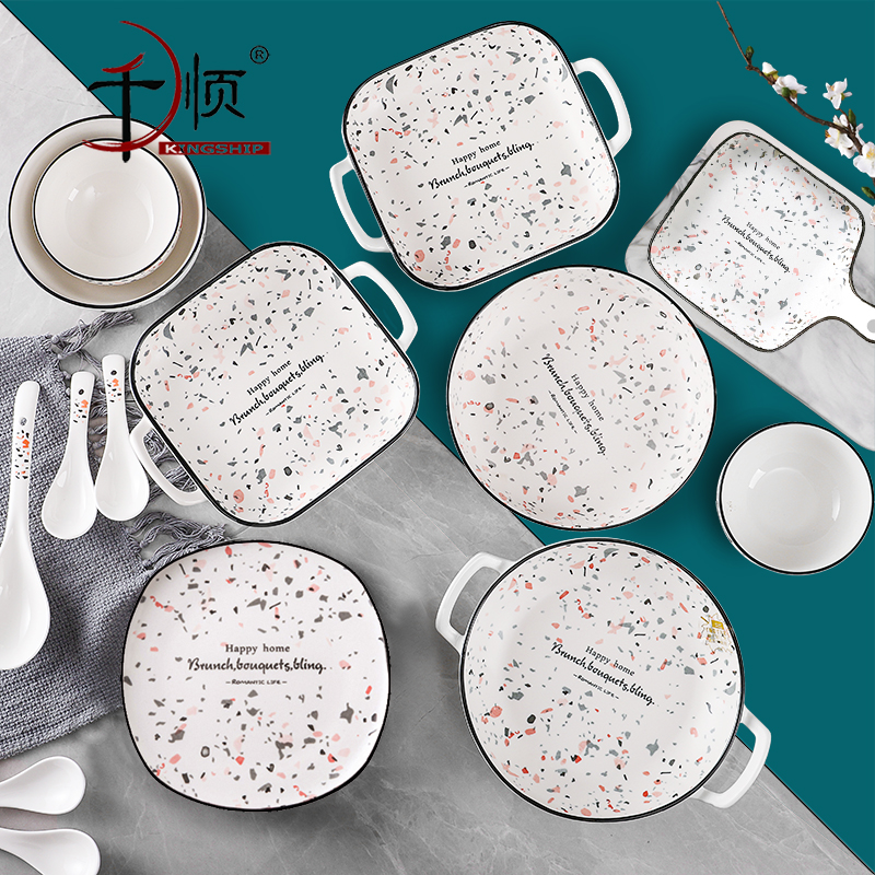 千顺陶瓷北欧风水磨石创意餐具套装微波炉专用家用饭碗汤碗菜盘子