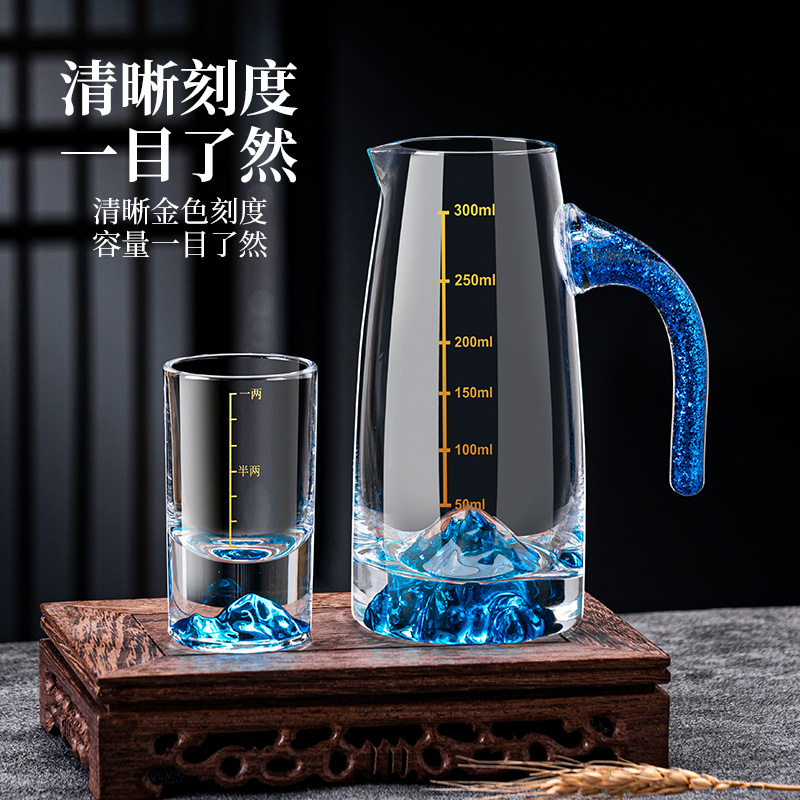 高档描金二两金山白酒杯带刻度家用一两蓝山杯分酒器玻璃酒具套装-图3