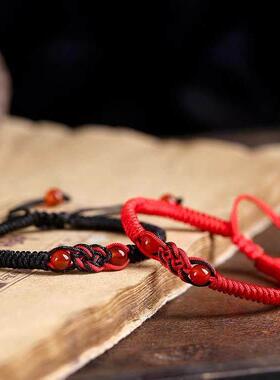 天然红玛瑙同心结情侣手链男七夕礼物送女友相思红豆手工编织手绳
