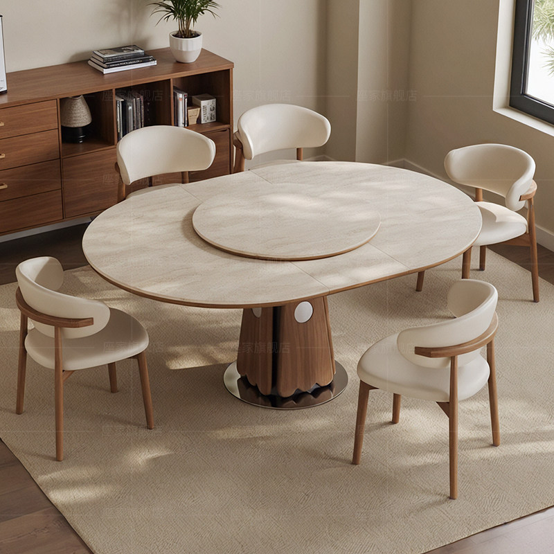 座家洞石岩板餐桌可伸缩折叠复古高级感家用带智能转盘实木饭桌,淘宝优惠券,粉丝福利购,淘宝优惠卷