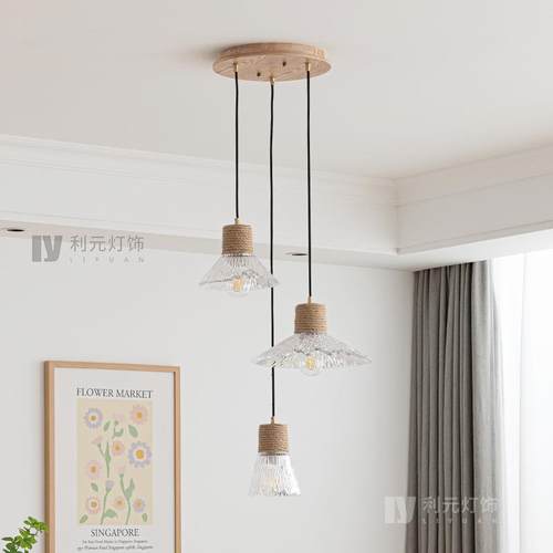 日式原木风玻璃吊灯餐厅吧台橱窗小吊灯商用 三头麻绳圆盘餐吊灯 - 图1