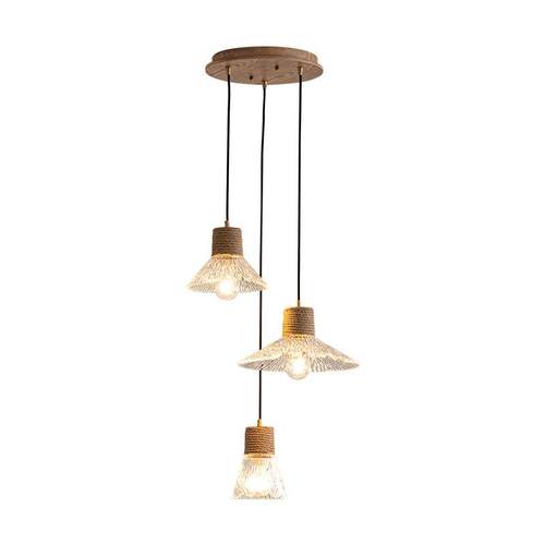 日式原木风玻璃吊灯餐厅吧台橱窗小吊灯商用 三头麻绳圆盘餐吊灯 - 图3