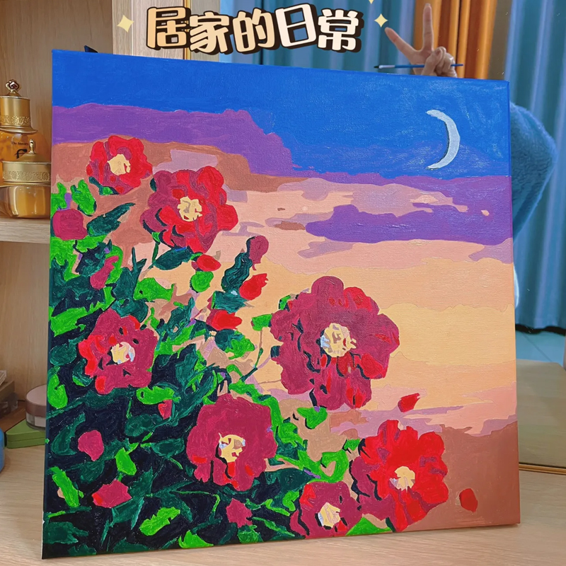 月下山茶花数字油画diy画画油彩画填充涂色画手绘艺术感治愈系-图0