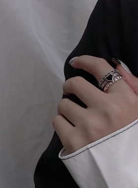 复古黑色爱心戒指小众设计精致宽版欧美做旧霸气开口食指指环女潮